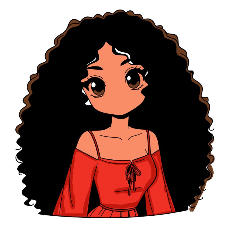 a black anime girl with long afro hair