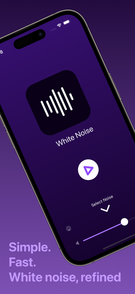 Dark Noise app interface on iPhone playing white noise with a purple background