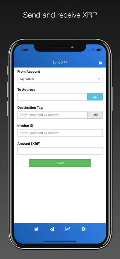 XRP Wallet: Trade & Buy Crypto - ウォレットアドレスと取引金額のフィールドがあるXRP送信画面を示すモバイルアプリインターフェース