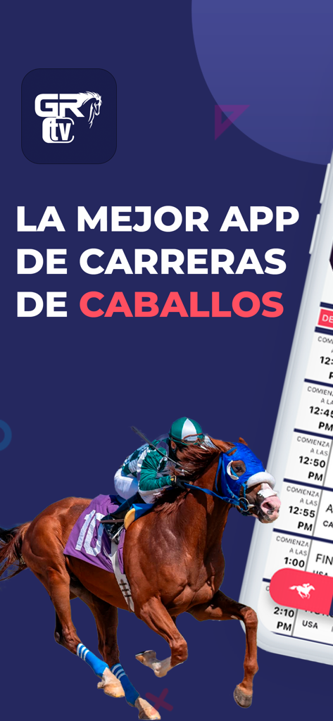 Promotional screen of GRTV horse racing app in Spanish featuring a jockey and horse in a race