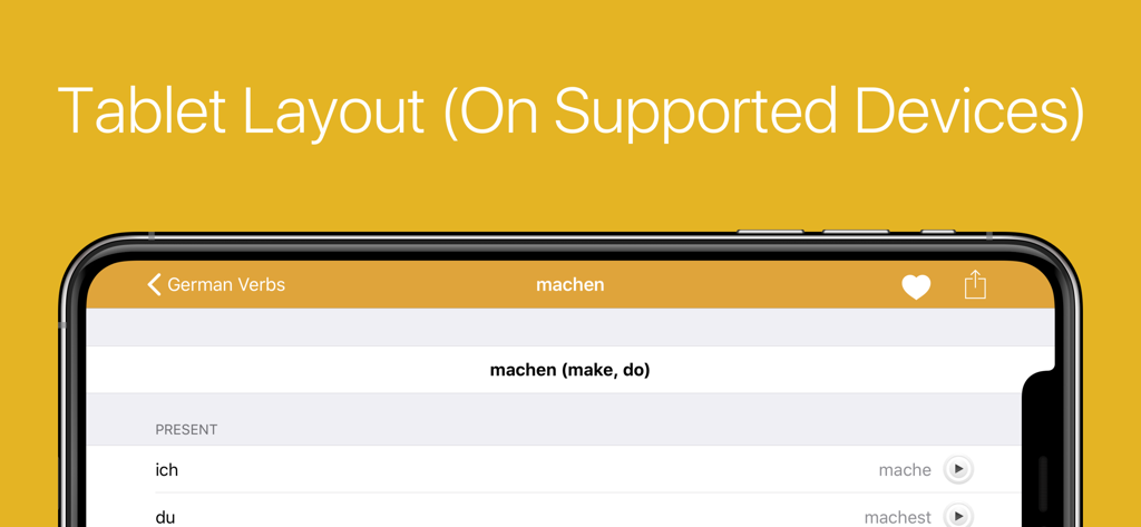 German Verb Conjugator - German Verb Conjugator app showing verb conjugation table in landscape tablet layout