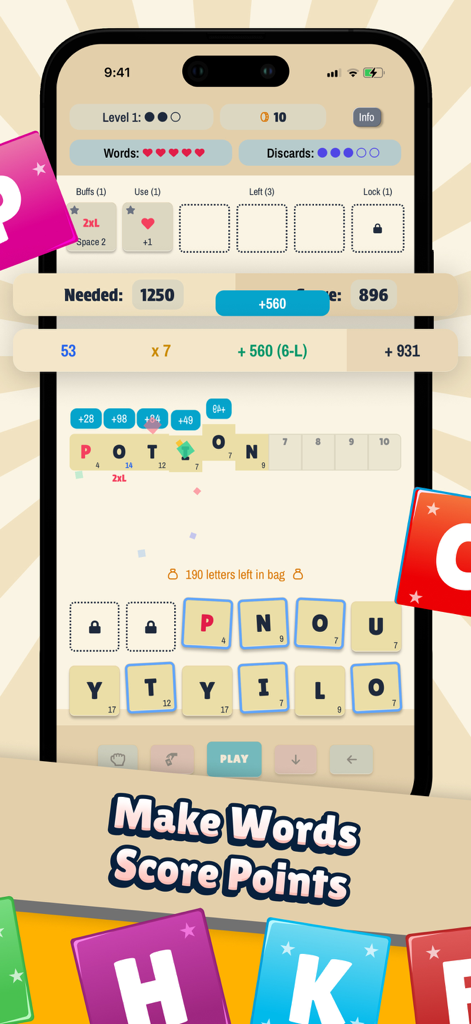 Gameplay screenshot of Letterlike showing a word puzzle interface with letters and scoring mechanics.