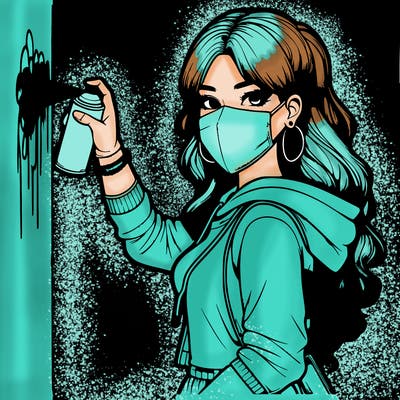 realistic girl with mask spray painting a wall