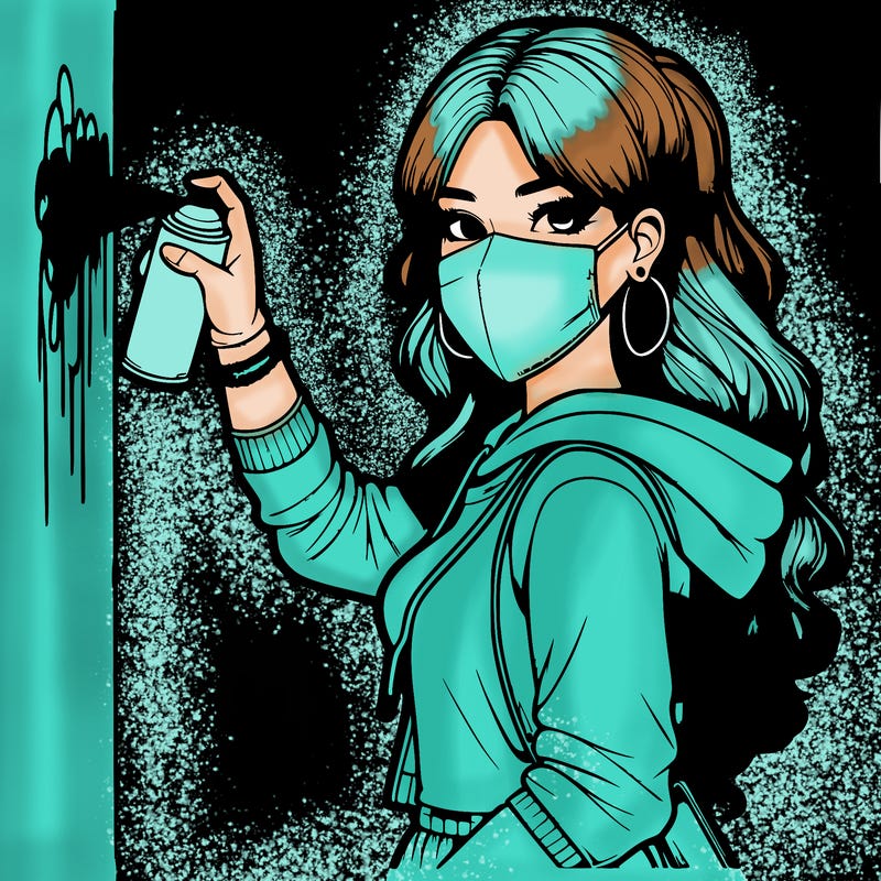 realistic girl with mask spray painting a wall