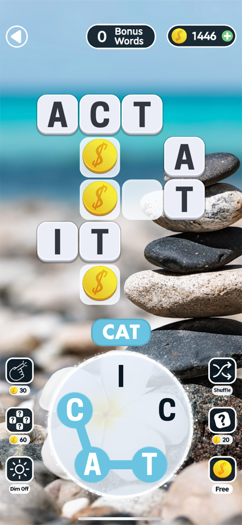 Word Swipe Connect: Crossword - A word puzzle game interface showing letters on a wheel being connected to fill a crossword grid set against a zen beach background with stacked stones.