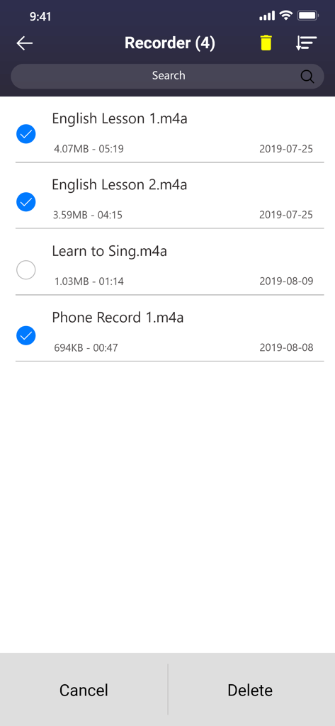 The file management screen of the voice recorder app showing a list of recordings with several items selected for deletion.