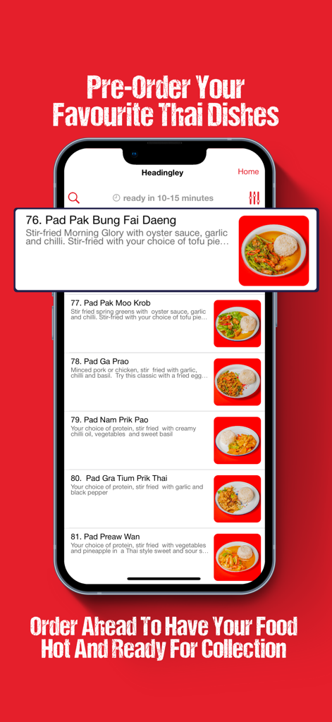 Club ZAAP mobile app menu showing Thai street food dishes for pre-order and collection