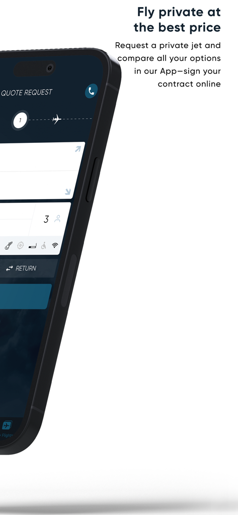 Private Jets Charter LunaJets - LunaJets app interface on a smartphone for requesting a private jet charter quote and comparing flight options.