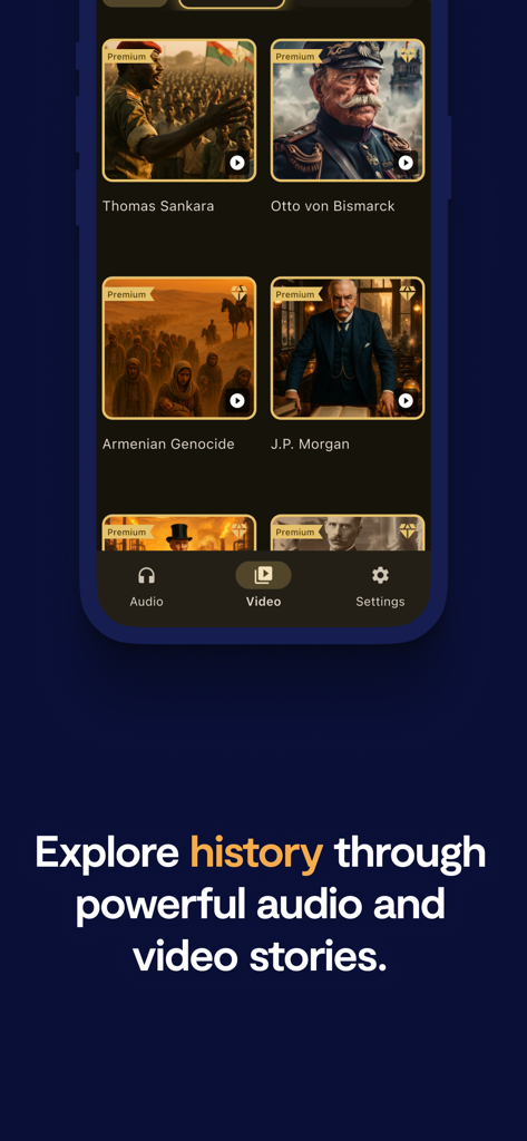 Epictok - Epictok app interface showing a selection of premium historical video stories including figures like Otto von Bismarck and J.P. Morgan.