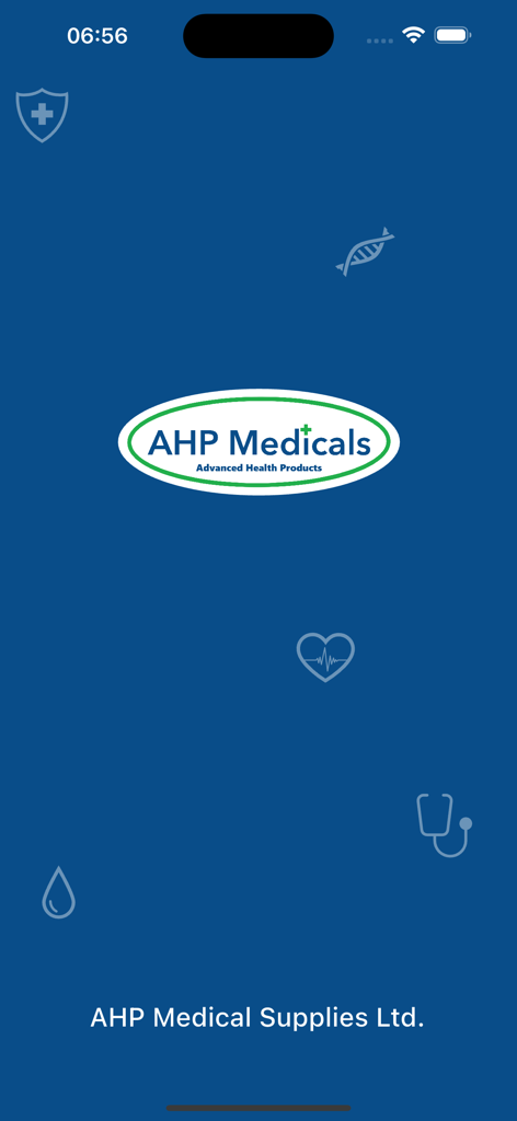 AHP Medicals - AHP Medicals app splash screen featuring the company logo and medical icons on a blue background