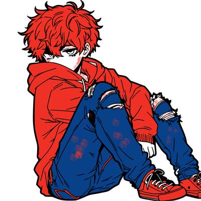 a male hoddie ripped jeans messy hair anime