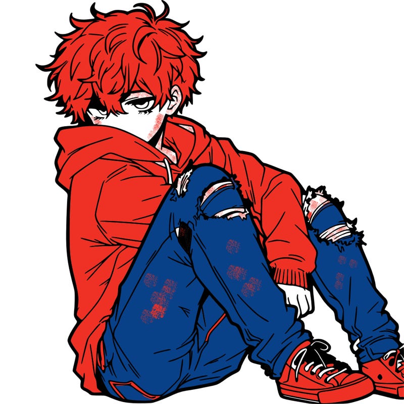 a male hoddie ripped jeans messy hair anime