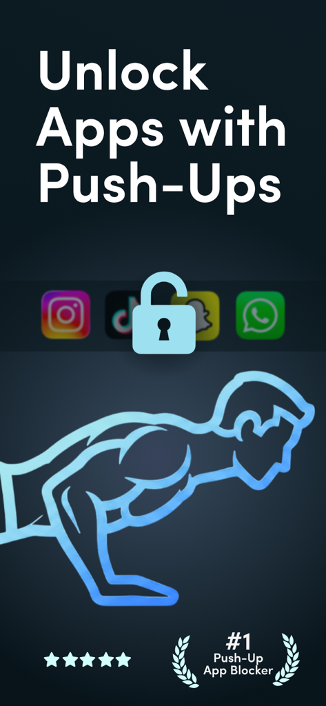 PushBlock app promotional screen showing a silhouette of a person doing a pushup and the text Unlock Apps with Push-Ups