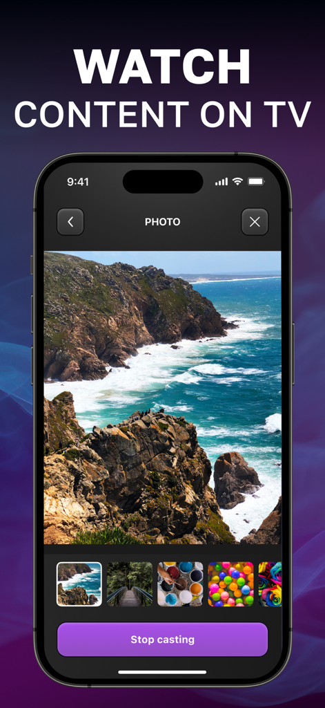 Universal TV Remote Control 。 - Interfaz de smartphone que muestra la función de transmisión de fotos para ver contenido en una pantalla de TV