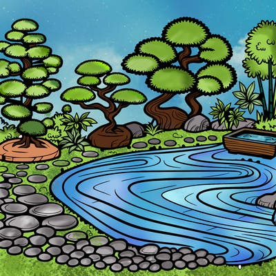 a serene zen garden with raked gravel, bonsai trees, and tranquil ponds