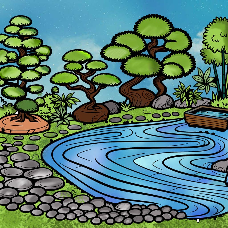 a serene zen garden with raked gravel, bonsai trees, and tranquil ponds