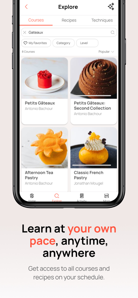 Scoolinary app explore screen featuring professional pastry and gastronomy courses