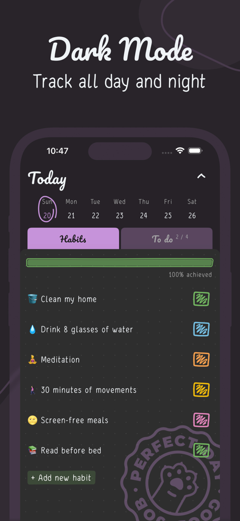 Hizo: Habit Tracker & Todo - Hizo app interface in dark mode displaying a list of tracked habits and daily tasks.