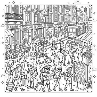 Immerse yourself in the lively energy of a city street filled with vacationers and everyday life. This intricate coloring page invites you to bring a bustling urban adventure to vibrant life with your favorite colors.