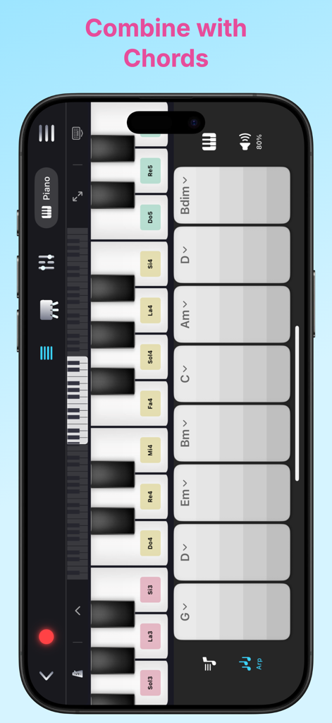 Hi Piano - Hi Piano mobile app interface showing a digital keyboard with integrated chord pads for learning