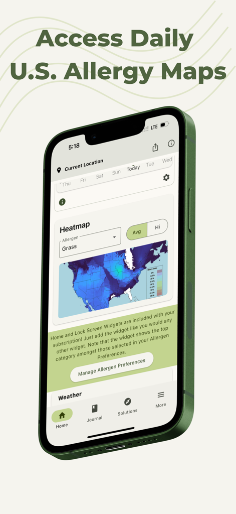 iPhone displaying the Pollen Wise app with a daily U.S. allergy heatmap for grass pollen