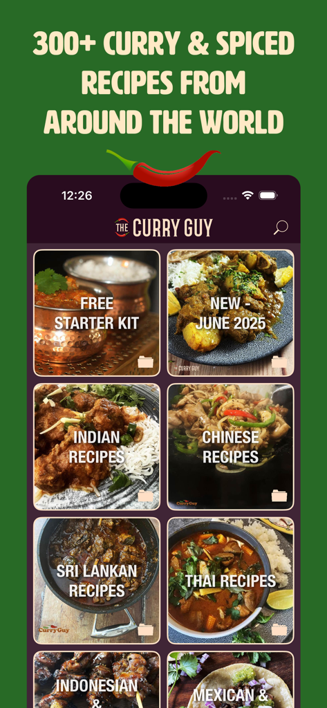 Screenshot of The Curry Guy app showing recipe categories like Indian Chinese Thai and Sri Lankan cuisines