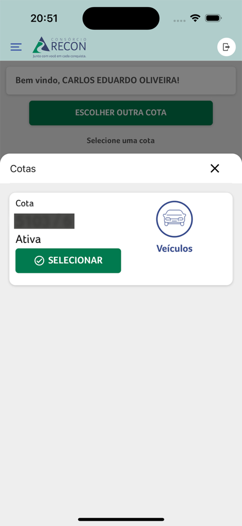 Meu Consórcio Recon - Active vehicle share selection screen on the Meu Consorcio Recon app
