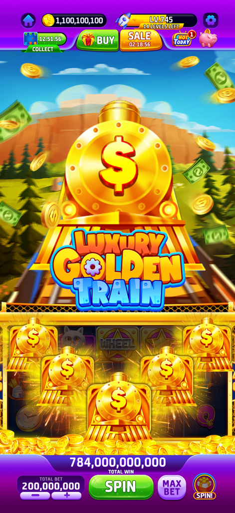 Buffalo Slots™-Casino Jackpots - Máquina tragaperras temática Luxury Golden Train con una enorme ganancia de bote en Buffalo Slots