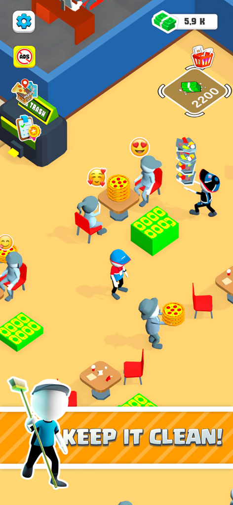 Oh My Pizza - Epic Pizza Games - A character cleaning the floor of a pizzeria in the Oh My Pizza arcade idle game.
