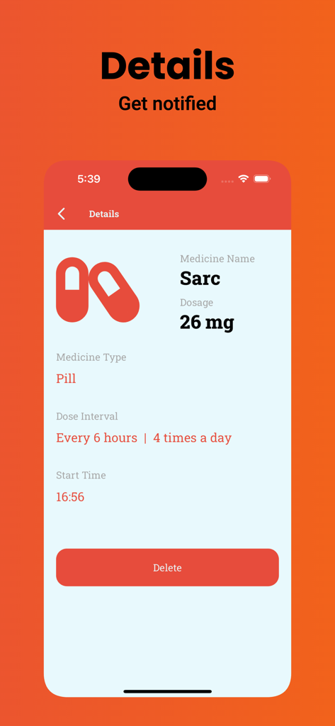 Interface de l'application Rappel de Pilule montrant les détails d'un médicament, y compris le nom, la dose et l'intervalle de dosage