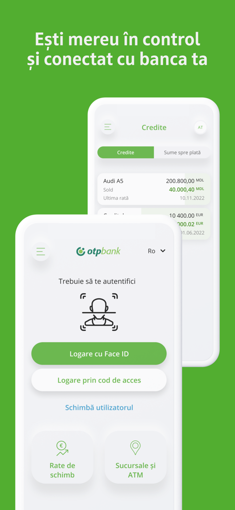 OTP Mobile Banking Moldova - Login screen of the OTP Mobile Banking Moldova app featuring biometric Face ID authentication and a loan management overview
