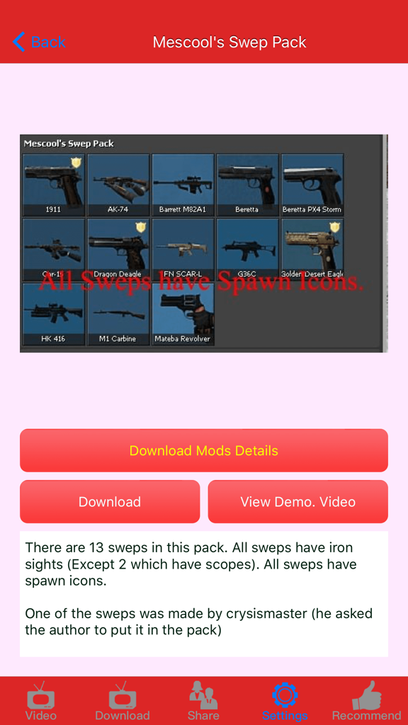 Weapon Mods for Garry’s Mod - A screenshot showing a weapon swep pack preview for Garrys Mod with various gun icons and download buttons