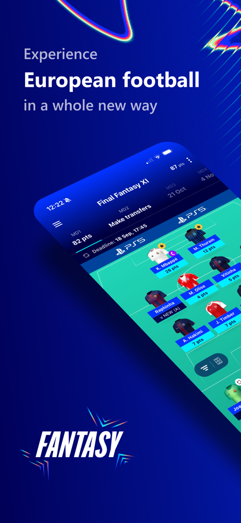 UEFA Gaming app interface showing a fantasy football team lineup with player points on a mobile screen