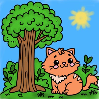 drawing of a cat next to a tree