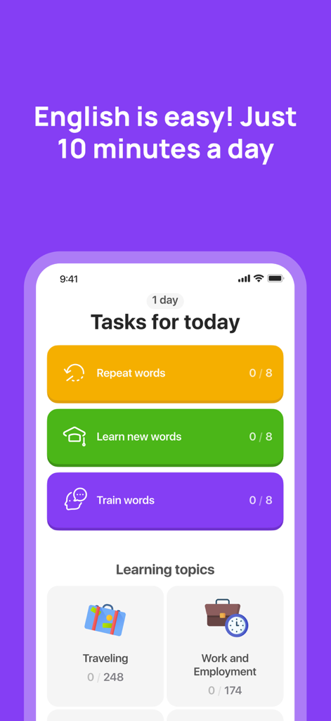 A mobile app screen showing daily English learning tasks and categories like Traveling and Work and Employment.