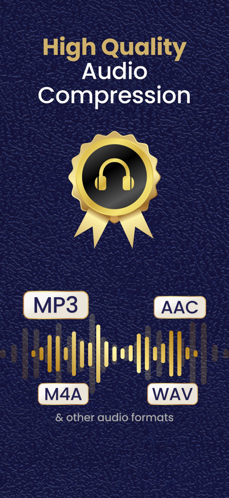 Interface de compressão de áudio de alta qualidade mostrando formatos suportados, incluindo MP3 AAC M4A e WAV