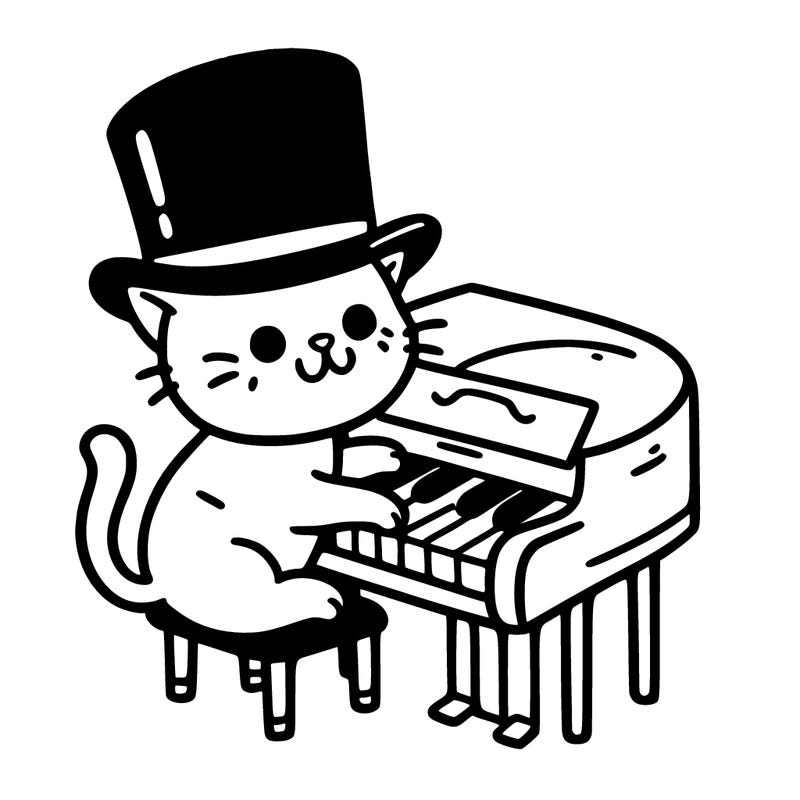cat playing piano wearing a top hat