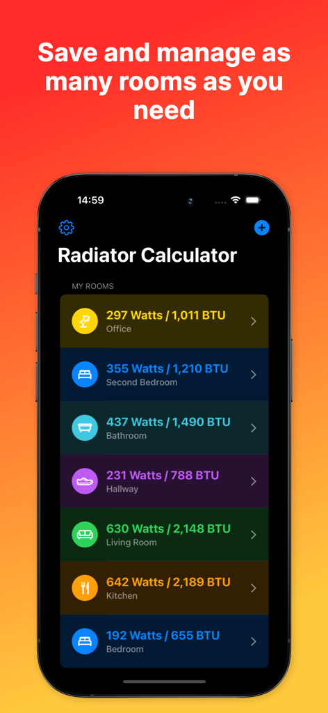 A list of saved rooms in the Radiator Calculator Pro app showing heating requirements in Watts and BTU for various areas like the living room and kitchen