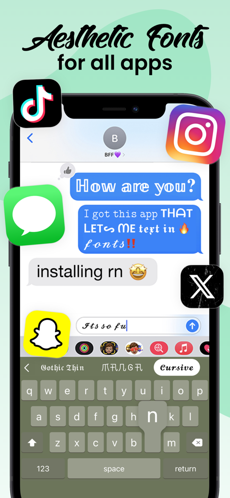 Fonts: Aesthetic Font Keyboard - iPhone screen showing stylized aesthetic fonts in a text conversation with social media icons