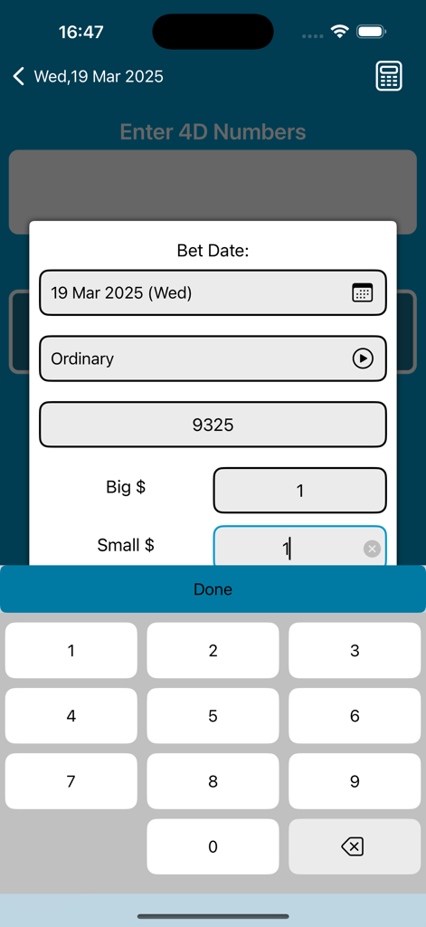 SG Live 4D - Pantalla de la calculadora de ganancias de la aplicación SG Live 4D para ingresar números de lotería y tipos de apuestas