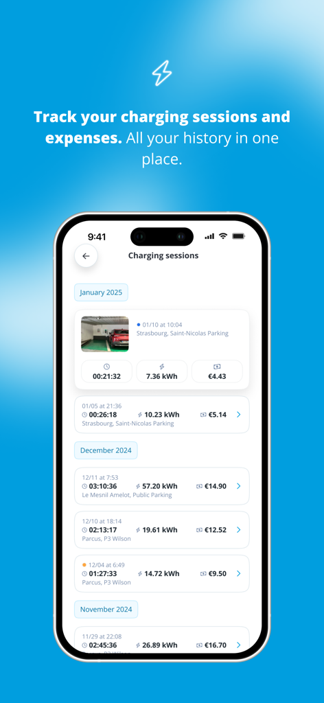 Freshmile – Charge points - Freshmile app screen displaying a history of electric vehicle charging sessions with energy usage and total costs.