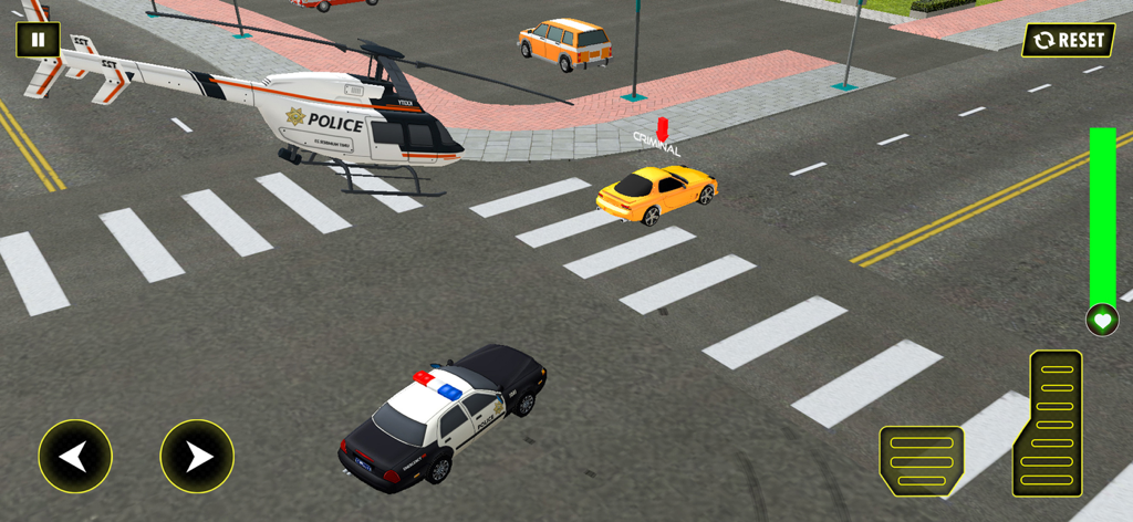 Police Car Chase Escape Game - Coche de policía y helicóptero persiguiendo a un vehículo criminal por las calles de la ciudad.