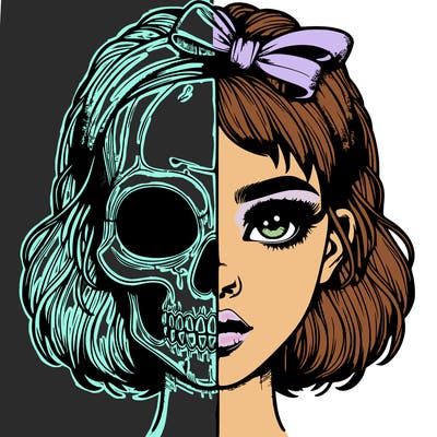 realistic girl with half skull mask