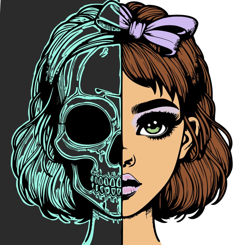 realistic girl with half skull mask