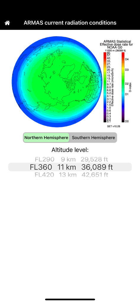 ARMAS - ARMASアプリのインターフェース。高度36,000フィートでの北半球のリアルタイム放射線線量率マップを表示。