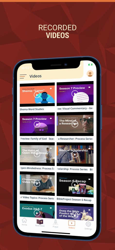 Holy Bible - Multilingual App - A screen displaying a library of recorded bible study videos and theological content within the Holy Bible app