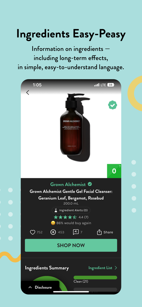 Think Dirty – Shop Clean - Think Dirty app interface showing a facial cleanser with a clean rating and detailed ingredient summary