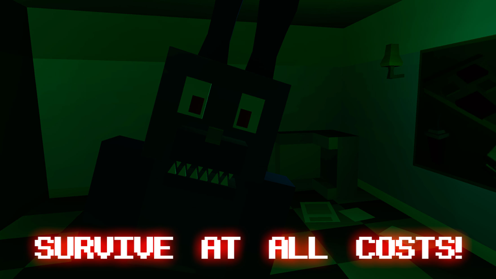 Nights at Scary Pizzeria 3D - A scary blocky black rabbit animatronic with sharp teeth in a dark room with survival text
