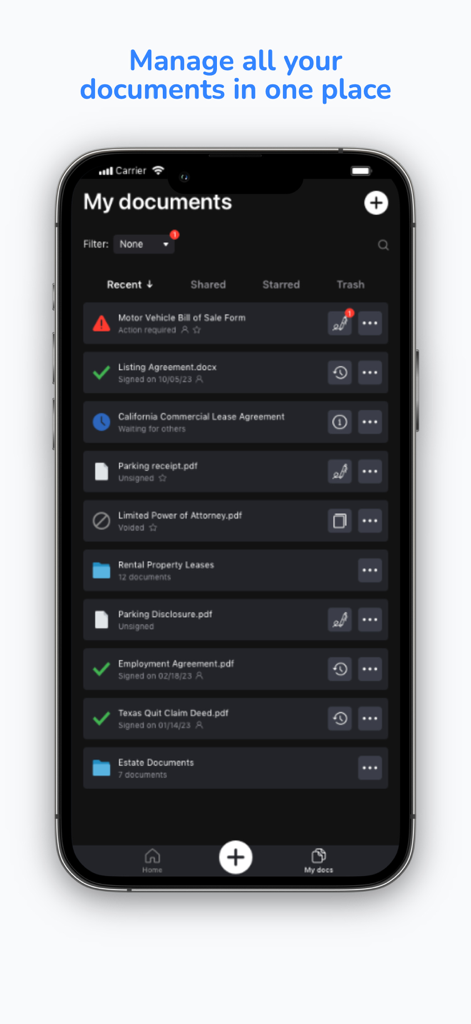 eSign App - Liste des documents juridiques et des contrats dans le tableau de bord mobile de l'application eSign