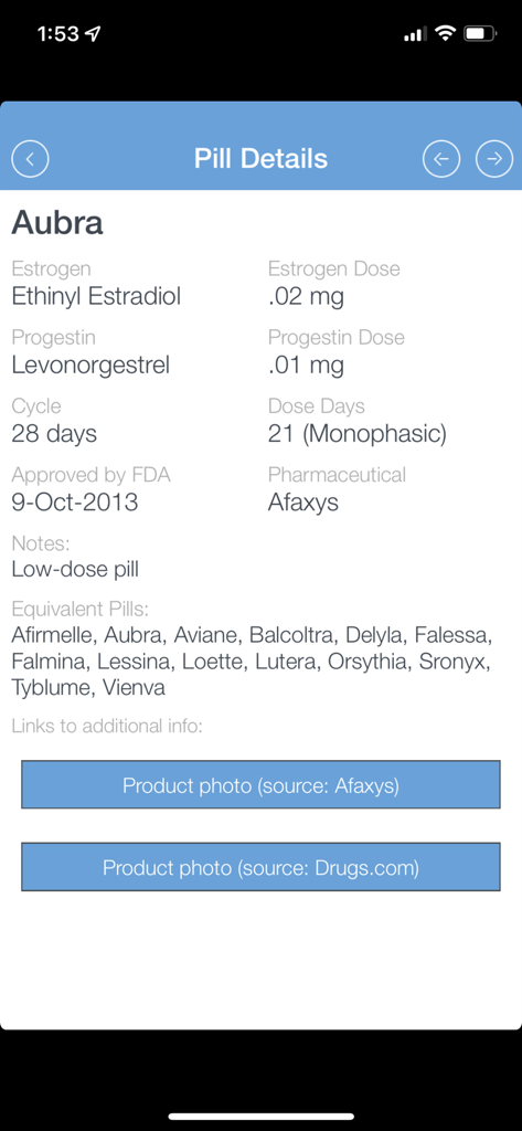 Mobile app screen displaying clinical details and equivalent alternatives for the Aubra oral contraceptive pill